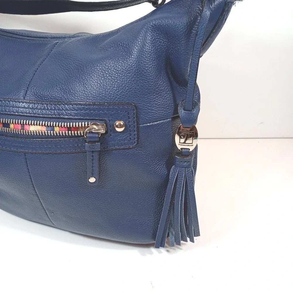 Tignanello Hobo Bag Medium Navy Blue Good Pebbled Leather Tassel Shoulder Purse